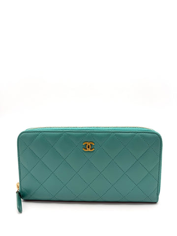 CC Turquoise Quilted GHW Zippy Long Wallet