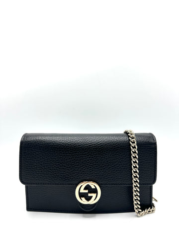 Black Interlocking GG Pebbled Leather Chain Flap