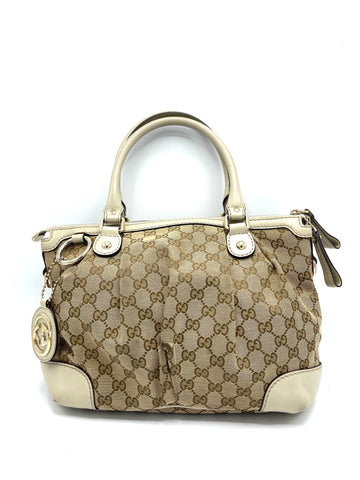 GG Cream Leather Trimmed Sukey Zip Tote w/ Strap