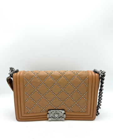 Saddle Brown Quilted Stud Medium Boy Bag