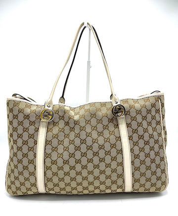 Silver/Gold Interlocking GG White Leather Trimmed Open Tote