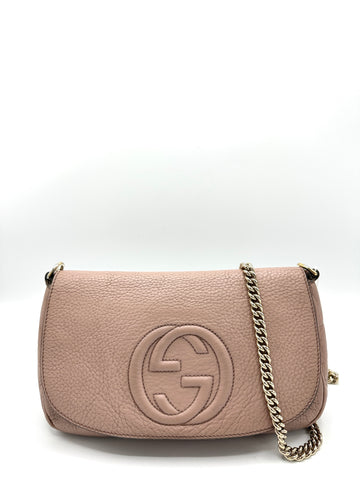 Mauve Pink Pebbled Leather Soho Chain Flap Crossbody