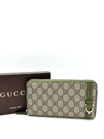 GG Supreme Green Leather Trim Horsebit Zippy Long Wallet