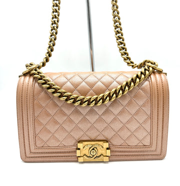 Iridescent Rose Gold Pebbled Leather GHW Medium Boy Bag