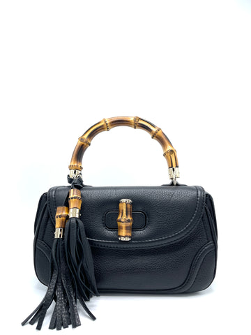 Black Pebbled Bamboo Diana Top Handle w/Strap