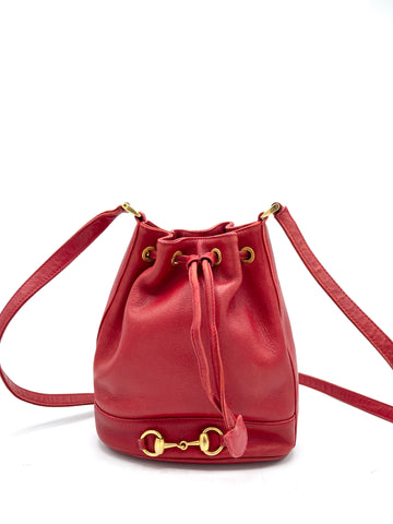 Red Full Leather Horsebit Mini Bucket Crossbody