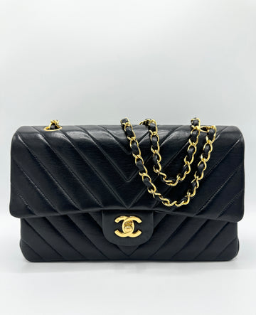 24k CC Black Lambskin Chevron Double Flap