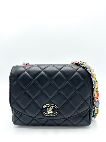 CC Black Lambskin Silk Chain Square Flap