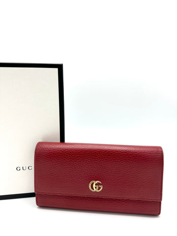 GG Red Pebbled Leather Flap Long Wallet