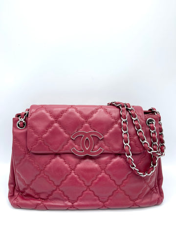 Dark Red Calfskin Quilted Hampton Stitch Flap Shoulder Bag