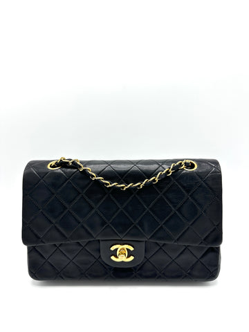 24k Black Lambskin Medium Double Flap