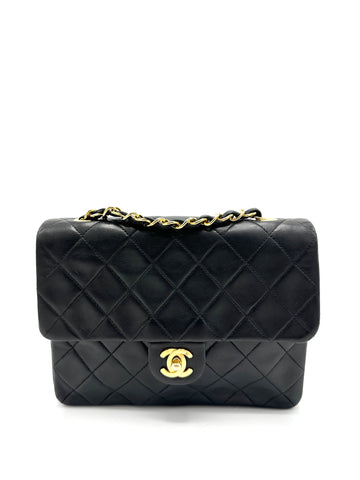 24k Black Lambskin Small Square Flap