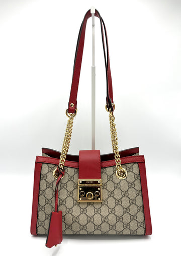 GG Supreme Red Leather Trimmed Small Padlock Tote