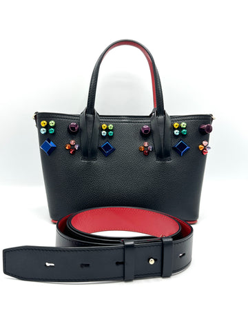 Black Pebbled Leather Multicolor Stud East West Cabata Tote w/Strap