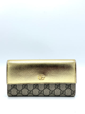 GG Supreme Gold Pebbled Leather Flap Long Wallet