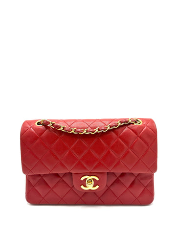 24k Red Lambskin Small Double Flap