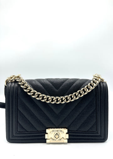 Black Caviar Chevron GHW Medium Boy Bag