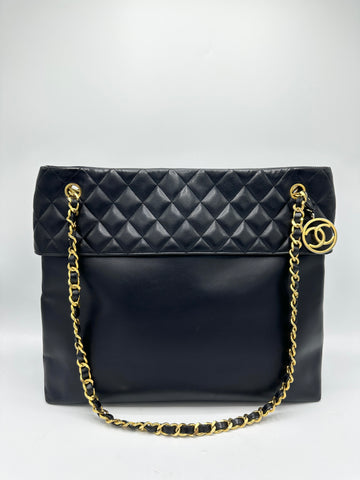 24k Black Quilted Lambskin Fringe Chain Tote