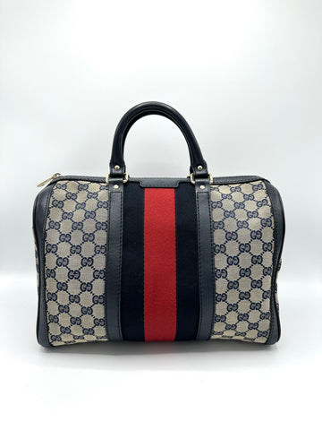 GG Blue Canvas Web Boston Bag