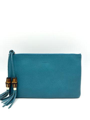 Teal Blue Pebbled Leather Bamboo Pouch