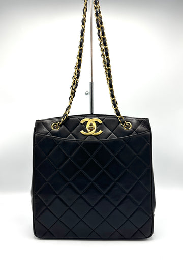 24k Rare XL CC Black Quilted Chain Tote