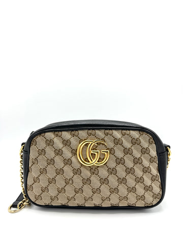 GG Canvas Black Leather Trimmed Marmont Camera Bag