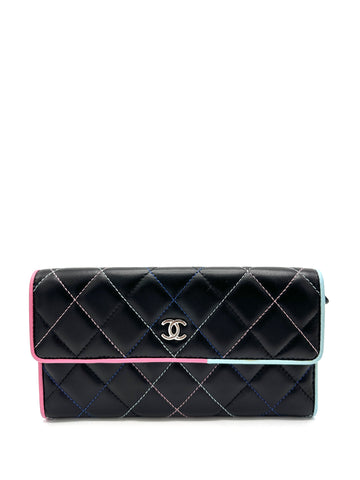 Black Multicolor Stitch Flap Wallet