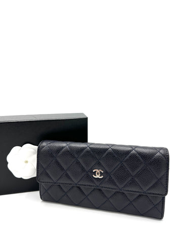 CC Dark Navy Caviar SHW Flap Long Wallet