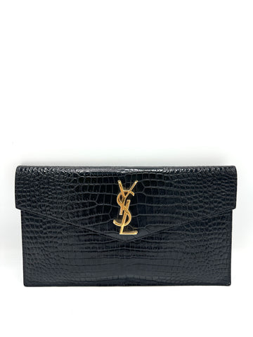 STORE CREDIT (TOTAL PRICE $550) Black Croc Embossed GHW Envelope Flap Clutch