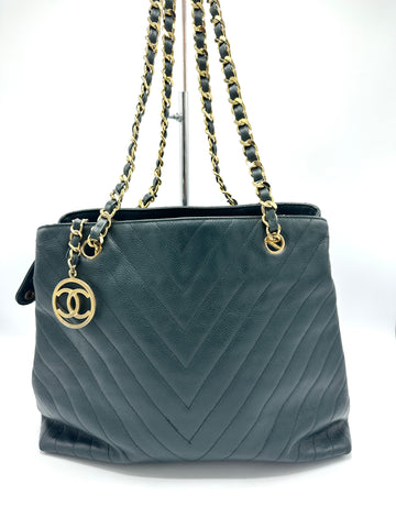 24K Pine Green Caviar Chevron CC Chain Tote