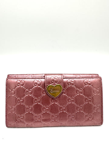 Pink Metallic Heart Double Snap Long Wallet