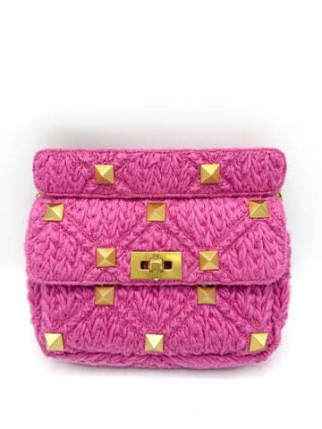 Pink Woven Wool Roman Stud Flap Crossbody