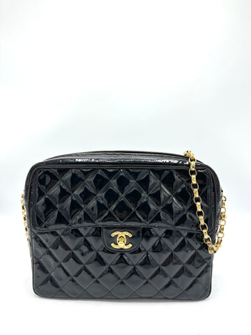 Black Patent 24k CC Turnlock Front Pocket Bijoux Chain Crossbody