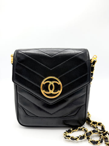 Black 24K CC Medallion Chevron Lambskin Mini Square Flap Crossbody