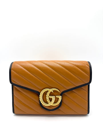Caramel Diagonal Stitch GG Marmont Chain Flap