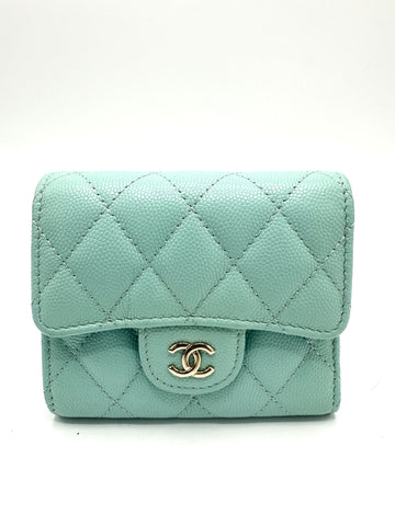 Turquoise Quilted Caviar Champagne GHW Flap Compact Wallet