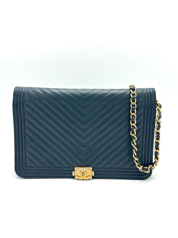 Navy Chevron Caviar Brushed GHW Boy Wallet on Chain