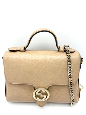 Beige Pebbled Interlocking GG Chain Top Handle