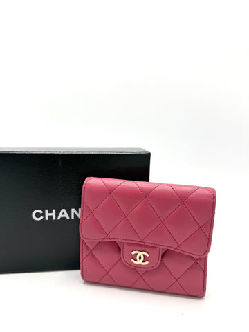 Magenta Quilted Lambskin GHW Compact Wallet