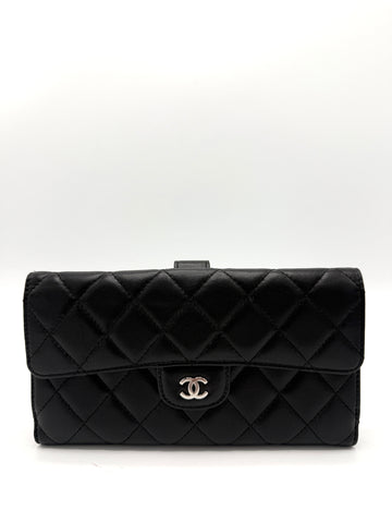 CC Black Lambskin SHW Flap Long Wallet