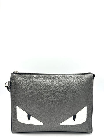 Metallic Grey Pebbled Leather Croc Embossed Clutch w/ Wristlet