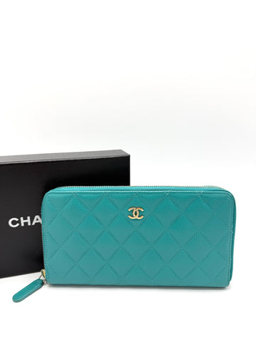 Chanel CC Tiffany Blue Quilted Caviar Zippy Long Wallet