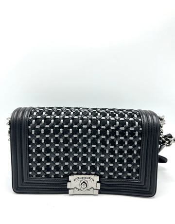 Black Weaved Patent/Suede Leather Medium Boy Bag