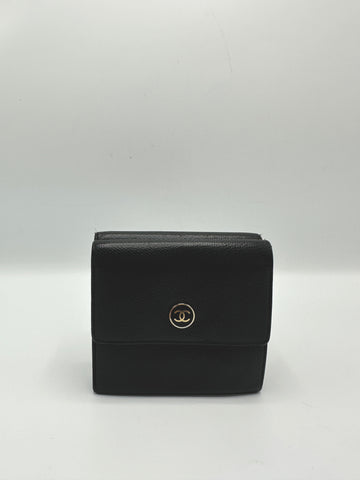 Black Leather Trifold Compact Wallet