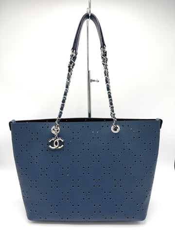 Blue Perforated Caviar CC Charm Chain Tote