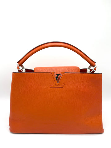 Mandarin Orange Pebbled Leather SHW Capucines MM