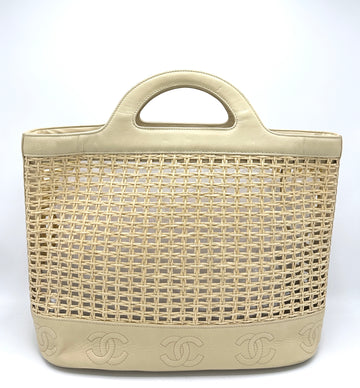 Beige Lambskin Straw Basket Tote
