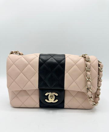 Rare Pink/Black Stripe Quilted Lambskin Mini Retangular Flap