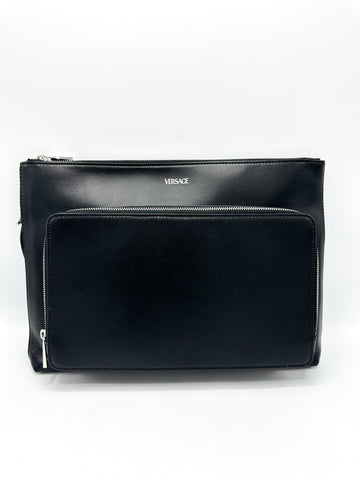 Black Leather Double Zip Pocket Clutch w/Wristlet