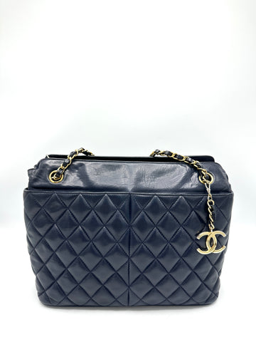Midnight Blue Lambskin 24K CC Double Front Pocket Chain Tote